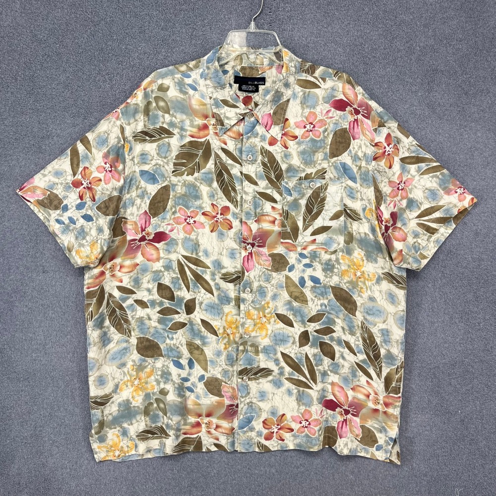 Bill Blass Button Down Shirt Mens XXL Multicolor 100% Silk Floral Tropical Aloha